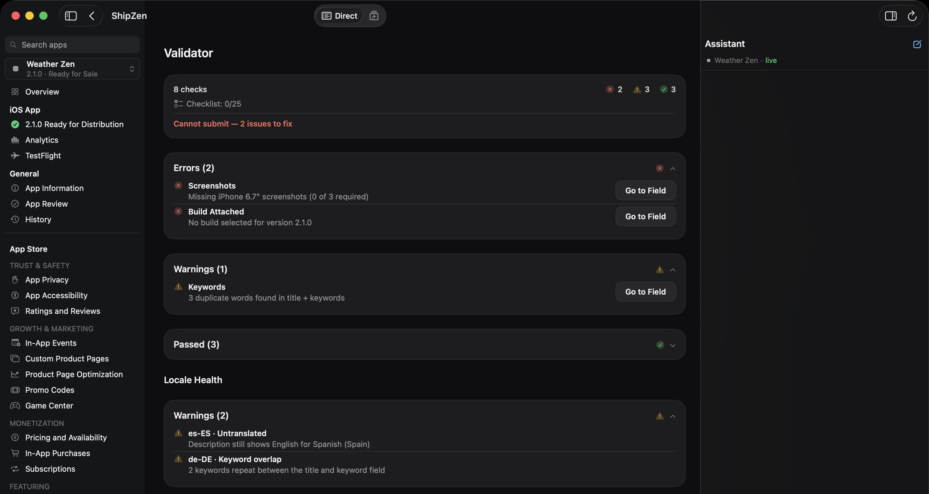 ShipZen Direct Mode validator showing 8 checks with 2 errors — missing iPhone 6.7-inch screenshots and no build attached, each with a Go to Field button — plus distinct Locale Health warnings.